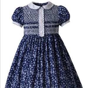 Pettigirl Girls Smocked Dress Vitange Blue Daisy Floral Pattern